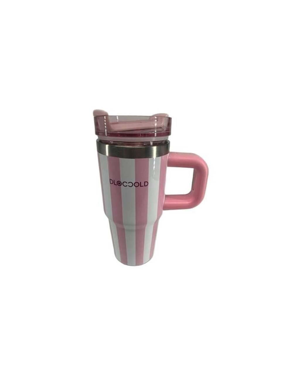 Dlocold Stainless Steel Tumbler Pink White Striped Handle Lid - Missing Straw